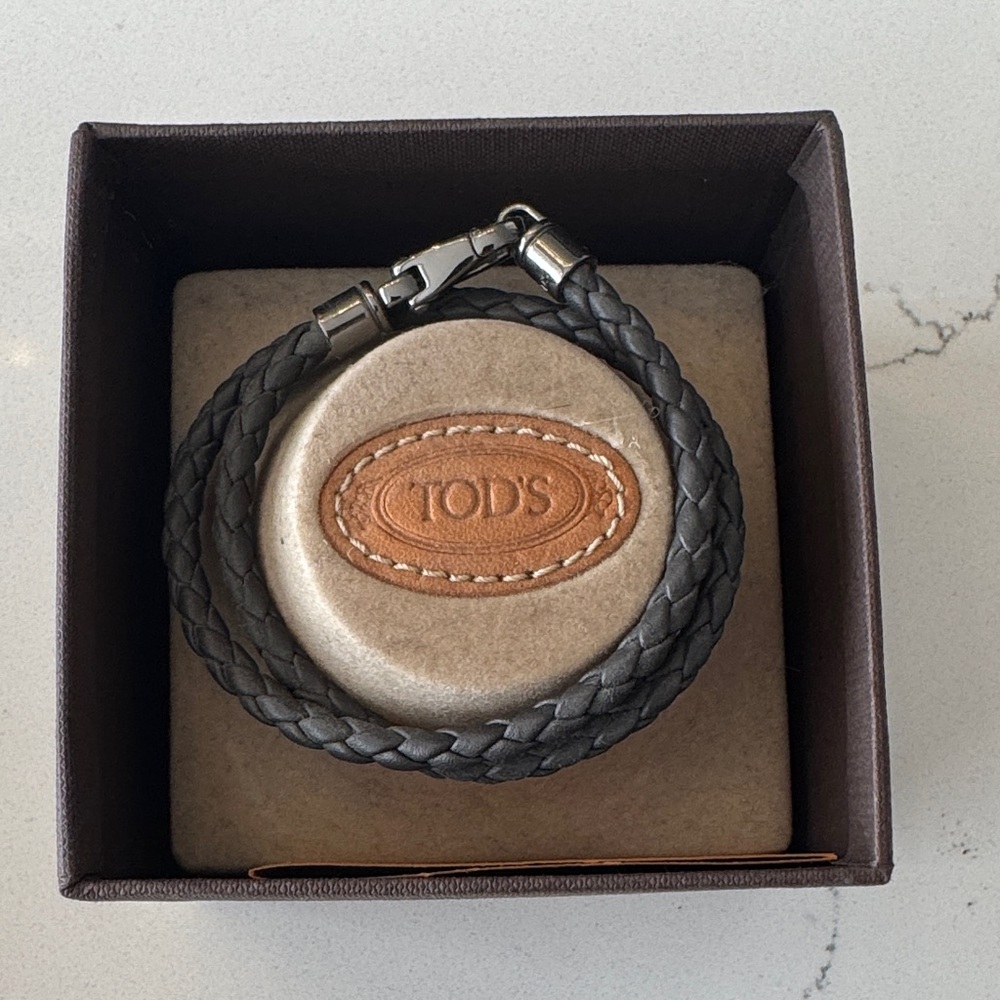Tod's Woven Leather Double Wrap Bracelet in Dark Grey Gunmetal Clasp Italy